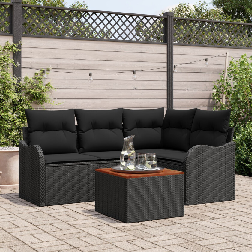 5 Delt Hage Sofa Sett med Puter Svart Poly Rattan Akasie, 2-seters Hage Sofa med Oppbevaring & Puter Svart Poly Rattan