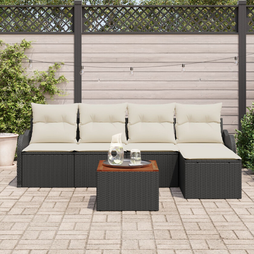 6 Delt Hagesofa Set med Puter Svart Poly Rattan Akasie, 2-seters Hagesofa med Puter Svart Poly Rattan