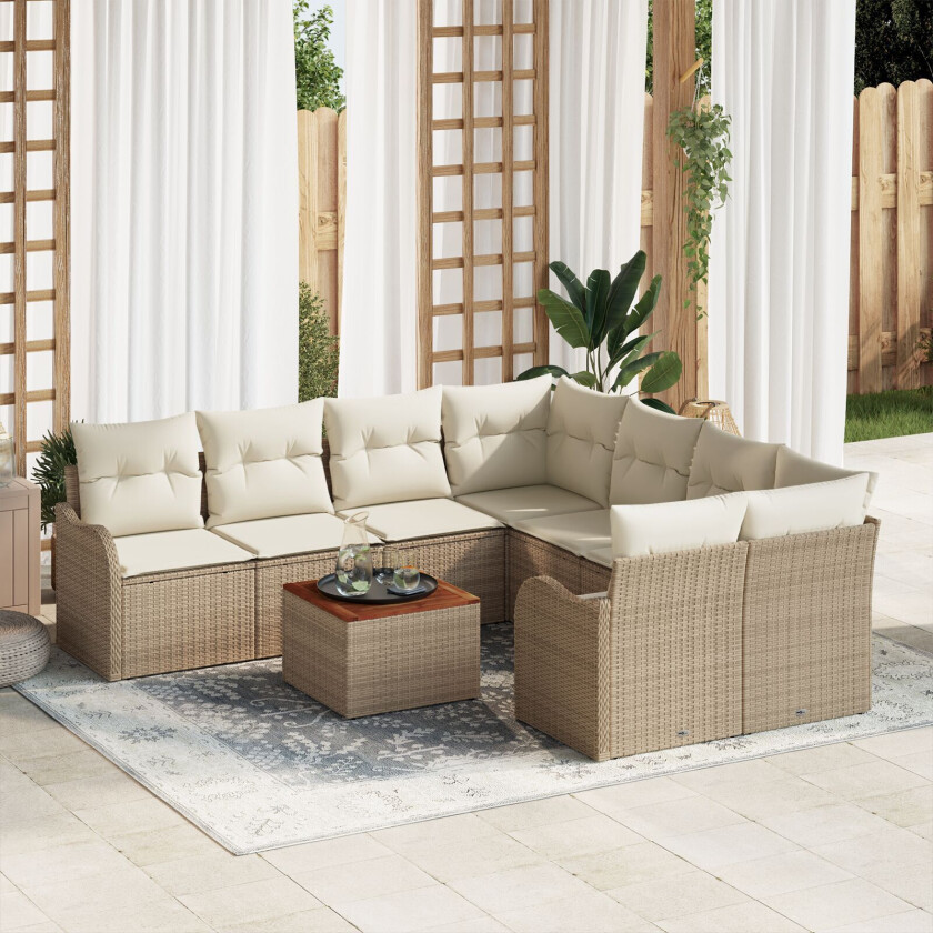 9 Delt Hage Sofa Sett Med Puter Beige Poly Rattan Akacia, 2-seters Hage Sofa Med Lagring & Puter Beige Poly Rattan