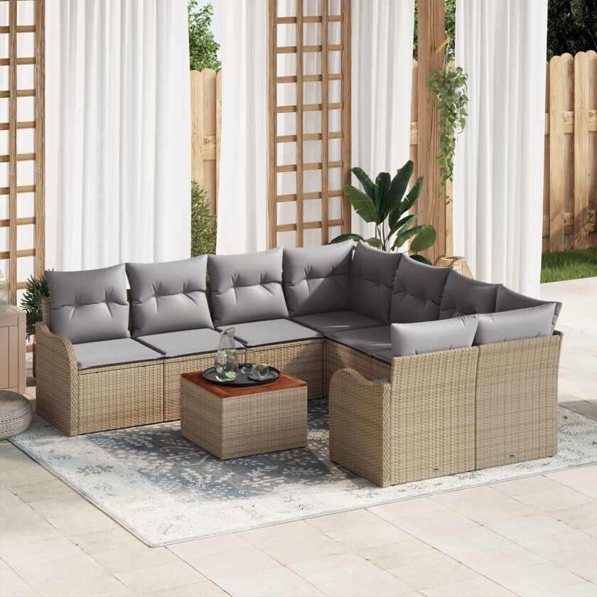 9 deler Hagesofa Set med Puter Beige Poly Rattan, 2-seters Hagesofa med Oppbevaring & Puter Beige Poly Rattan