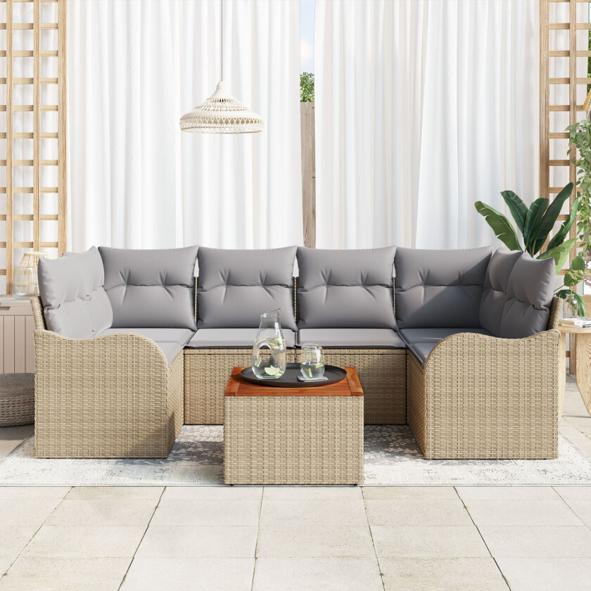 7 Delers Hage Sofa Sett med Puter Beige Poly Rottning Akacia, 2-seters Hage Sofa med Oppbevaring & Puter Beige Poly Rottning