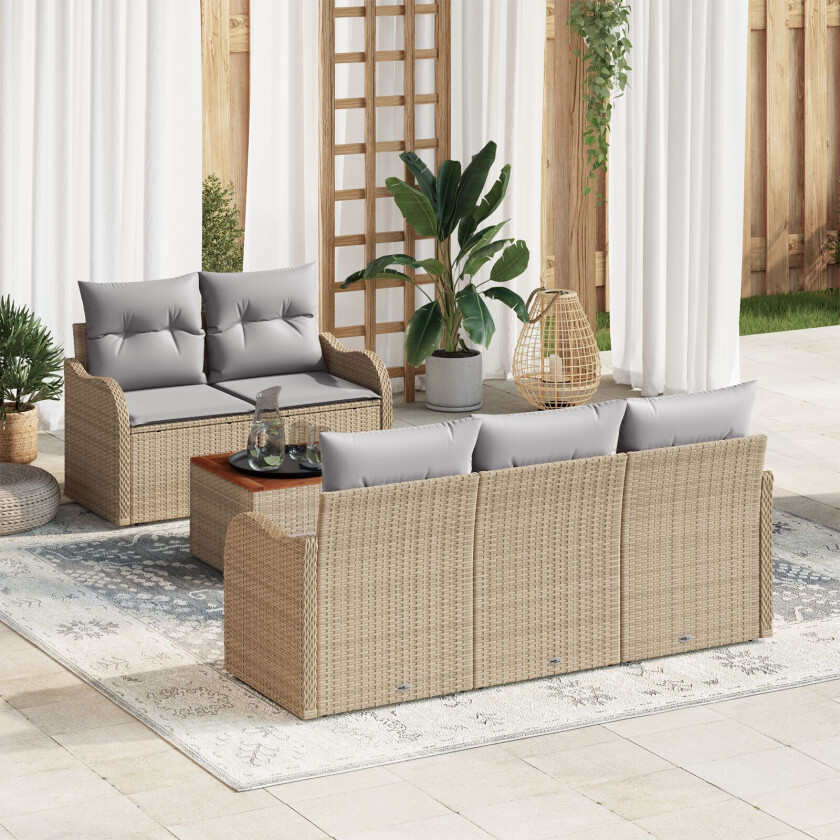 6-delt hagesofa sett med puter Beige Poly Rattan Acacia, 2-seters hagesofa med lagring og puter Beige Poly Rattan