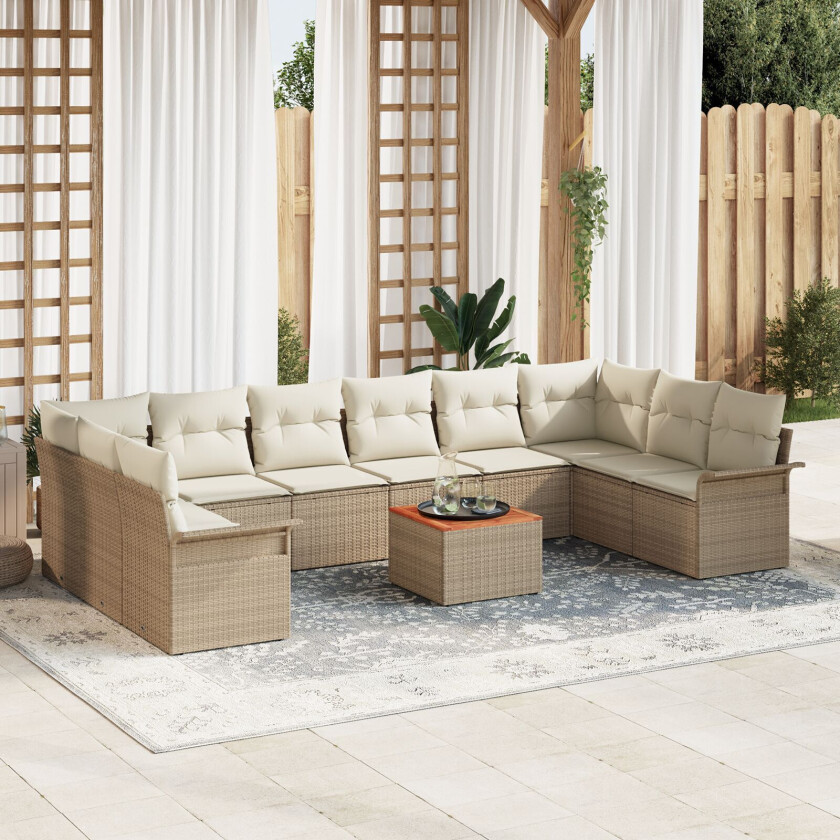 11-delt Hage Sofa Set med Puter Beige Poly Rottning Akasie, 2-seters Hage Sofa med Oppbevaring og Puter Beige Poly Rottning