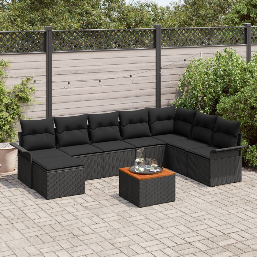 9-delt Hage Sofa Set med Puter Svart Poly Rattan Akasie