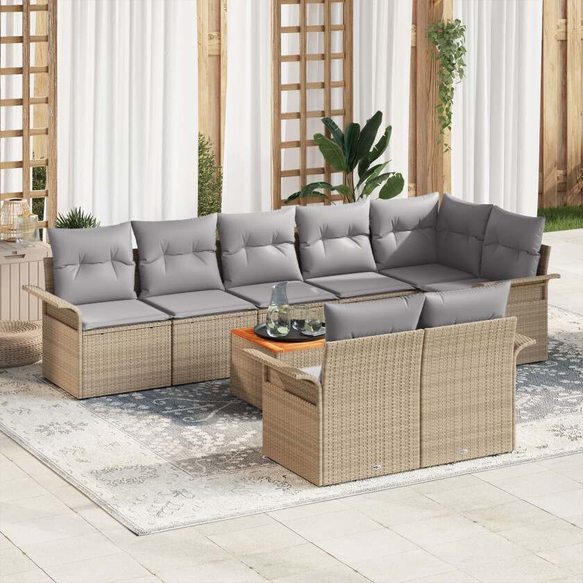 9 Delers Hage Sofa Sett med Puter Beige Poly Rattan Akasie, 2-seters Hage Sofa med Oppbevaring & Puter Beige Poly Rattan