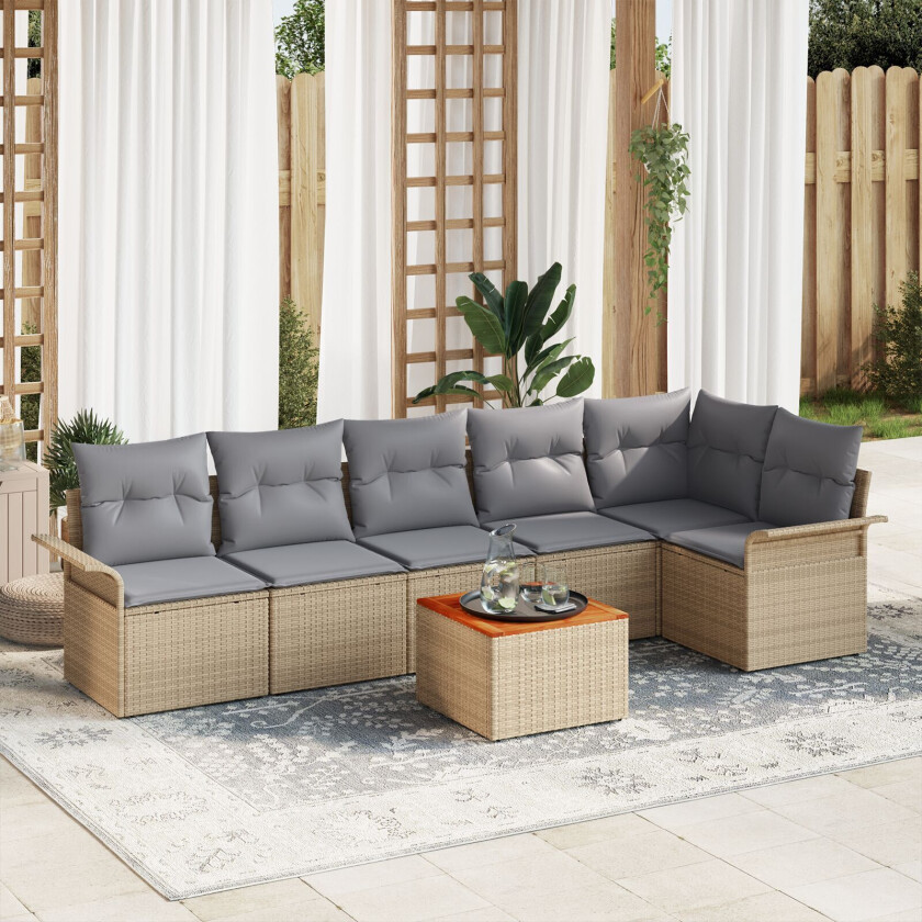7-delt Hagemøbelsett med Puter Beige Poly Rattan Akasietre, 2-seters Hage Sofa med Oppbevaring & Puter Beige Poly Rattan