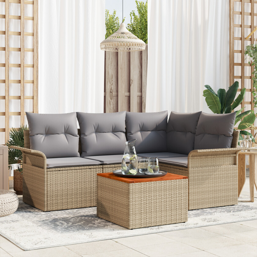 5 Delt Hage Sofa Sett Med Puter Beige Poly Rattan Akasie, 2-seter Hage Sofa Med Oppbevaring & Puter Beige Poly Rattan