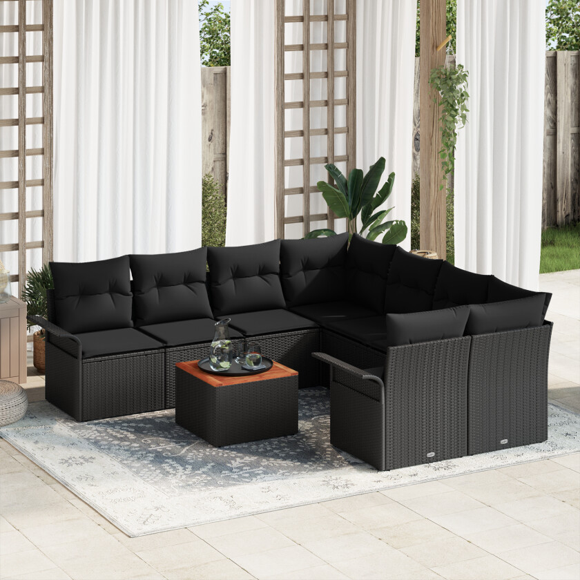 9-delt Hagesofa Set med Puter Svart Poly Rattan Akasie, 2-seters Hagesofa med Lagring & Puter Svart Poly Rattan