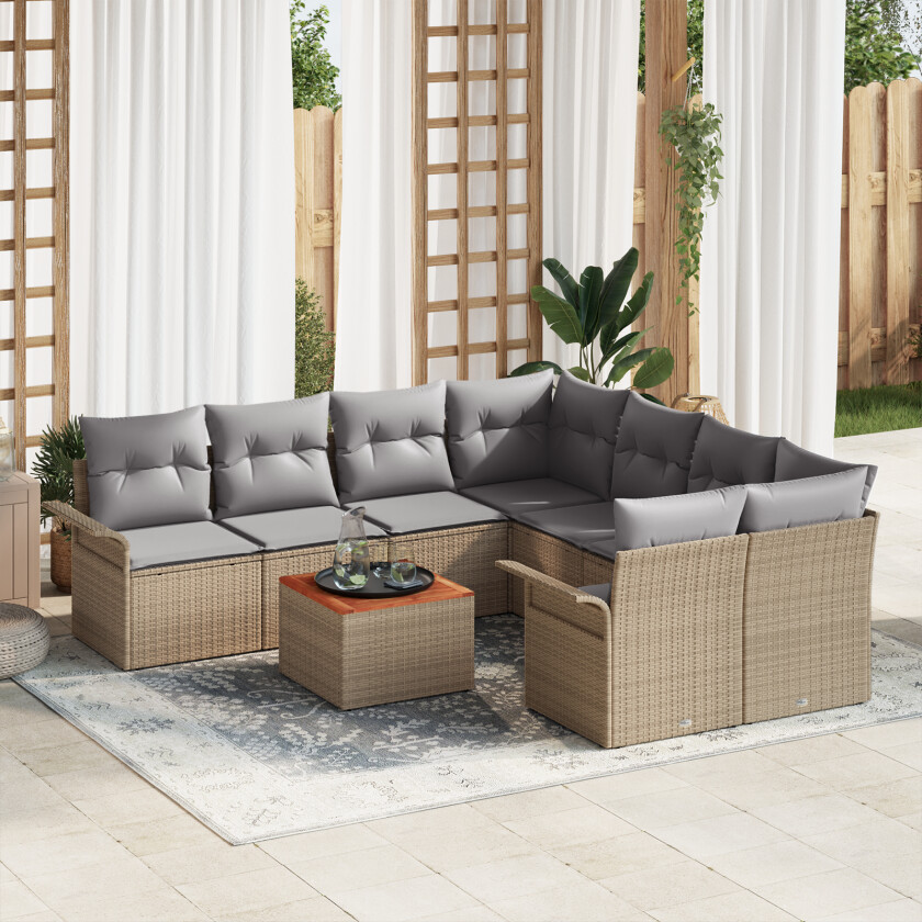 9 Delt Hage Sofa Set med Puter Beige Poly Rotting Akacia, 2-seters Hage Sofa med Oppbevaring & Puter Beige Poly Rotting