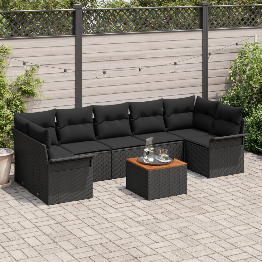 8-delers Hagesofa Sett Med Puter Svart Poly Rattan Akasia, 2-seters Hagesofa med Oppbevaring & Puter Svart Poly Rattan