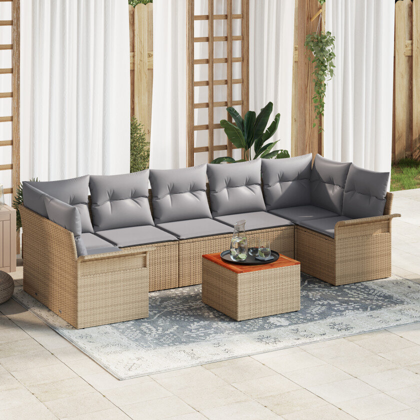 8 Delers Hage Sofa Set med Puter Beige Poly Rattan Akasia, 2-seters Hage Sofa med Oppbevaring & Puter Beige Poly Rattan