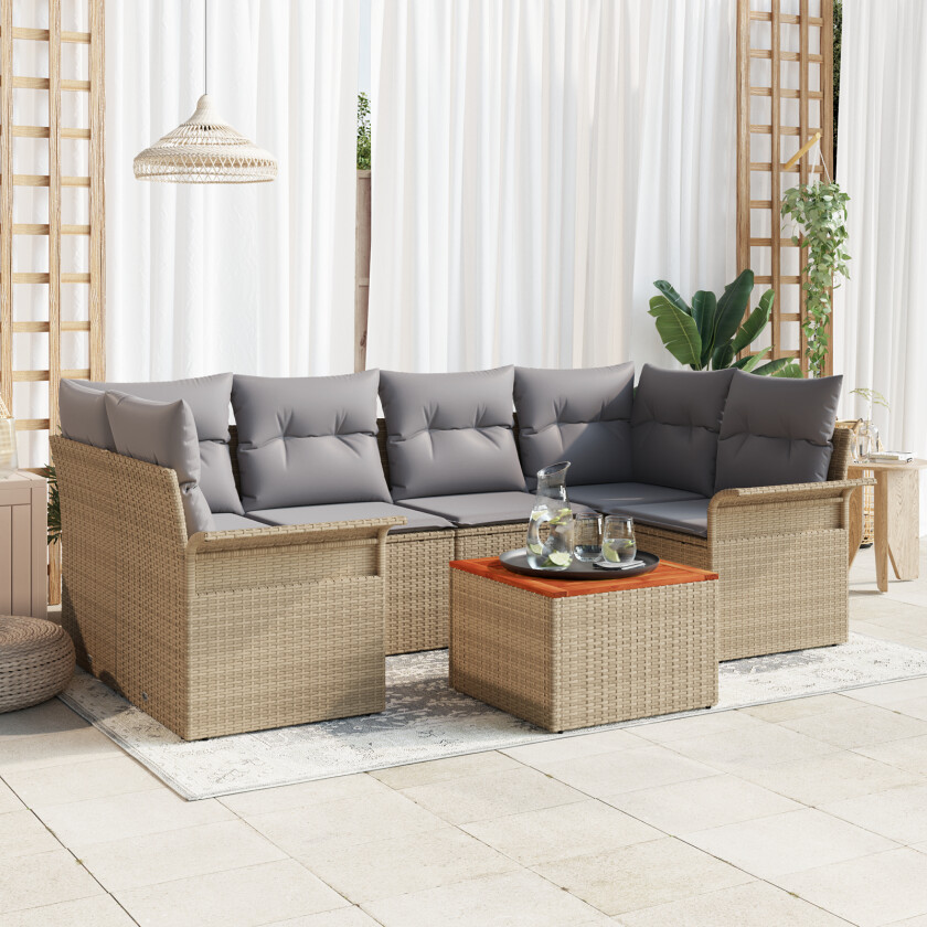 7-delt Hagesofa-sett med puter Beige Poly Rottings Akasie, 2-seters Hagesofa med lagring & puter Beige Poly Rottings