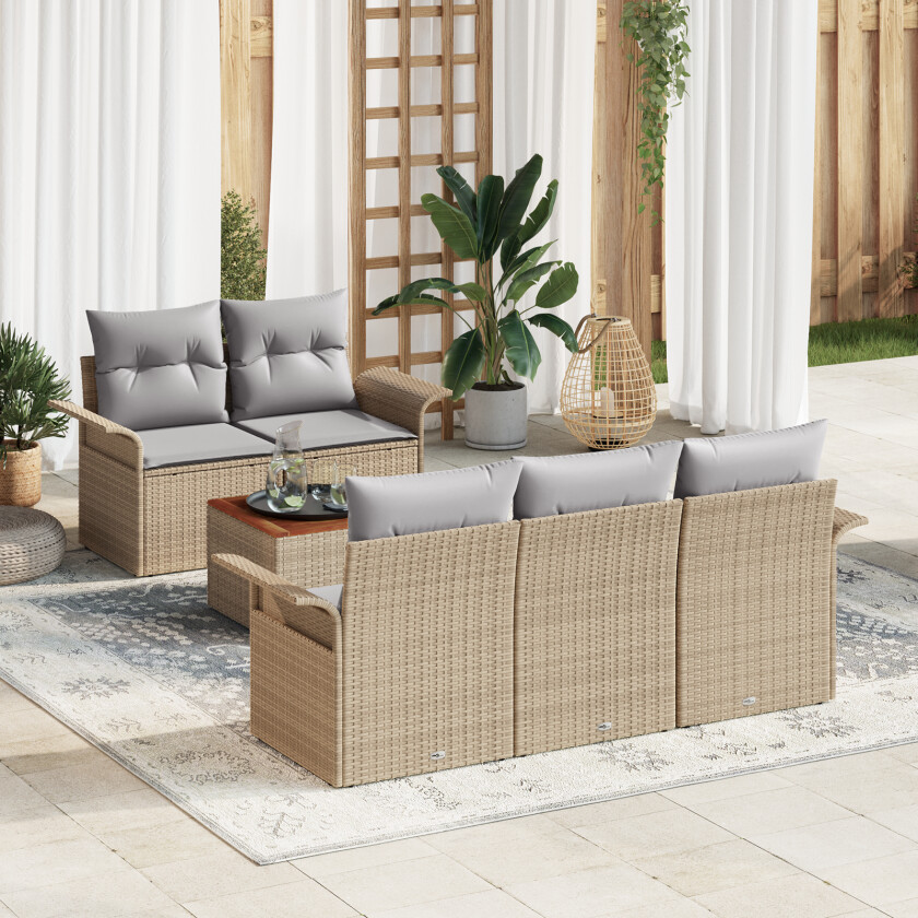 6-delt Hage Sofa Set med Puter Beige Polyrotting Acacia, 2-seters Hage Sofa med Oppbevaring & Puter Beige Polyrotting