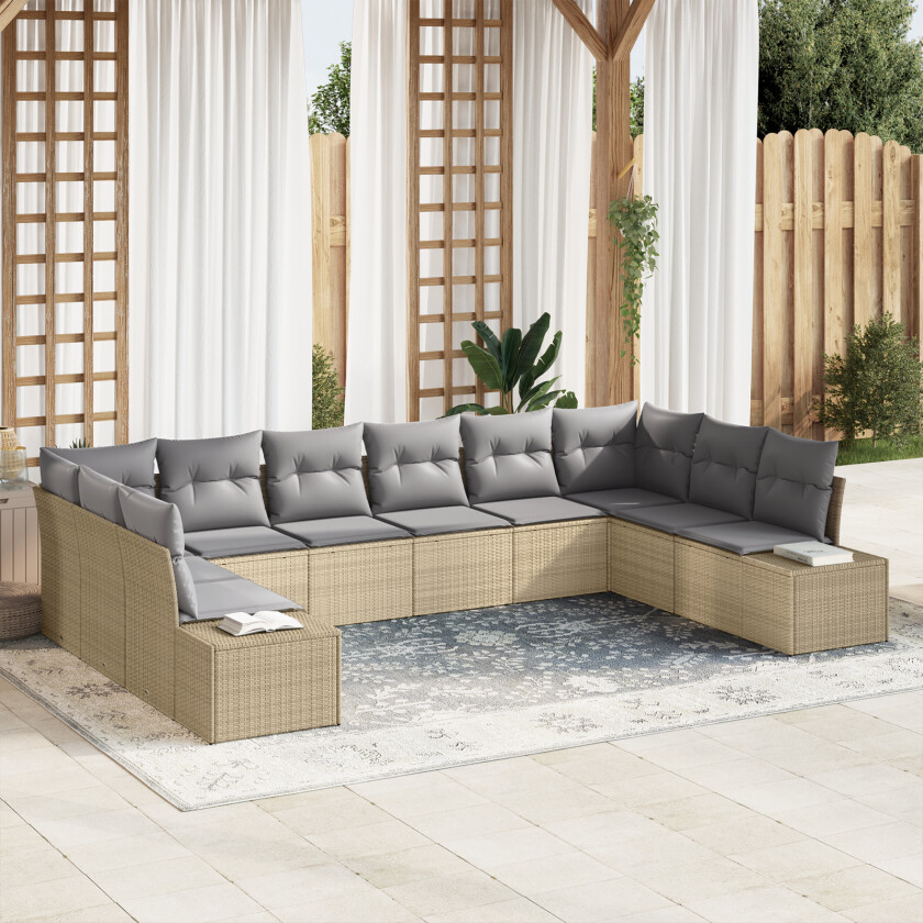 10 Deler Hagesofa Set med Puter Beige Poly Rottings