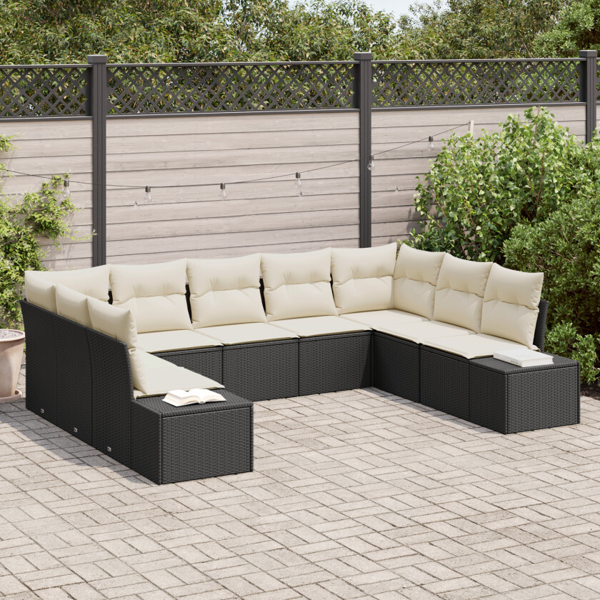 9 Delers Hagesofa Set med Puter Svart Poly Rattan