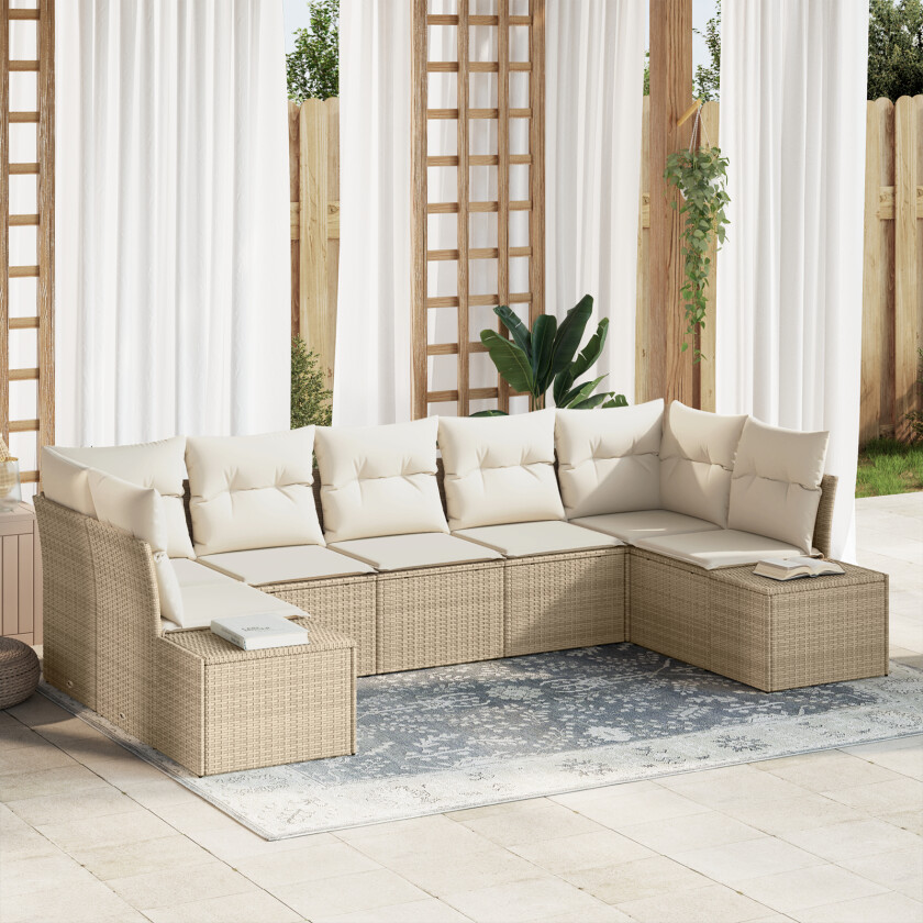 7-deler hagesofa sett med puter beige poly rattan