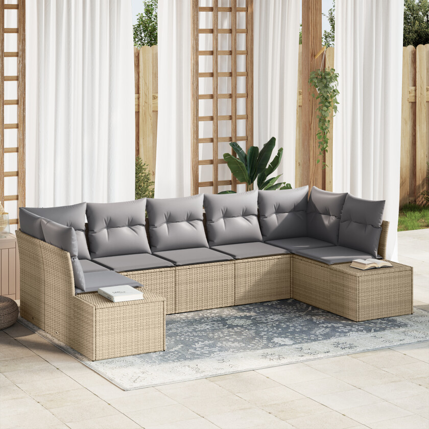7-delers hagesofa-sett med puter beige poly rattan