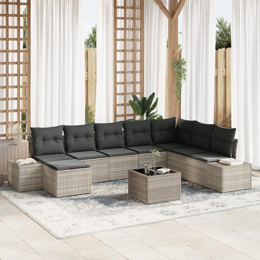 9-delt Hagesofa-sett med puter Grå Polyrotting