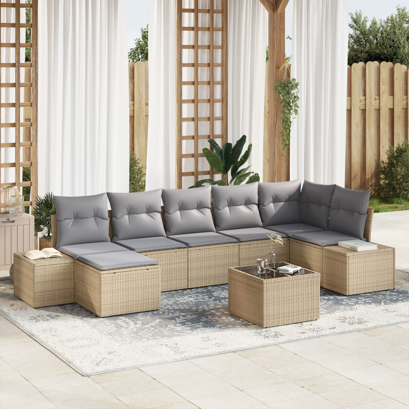 8 Delers Hagesofa Set med Puter Black Poly Rattan