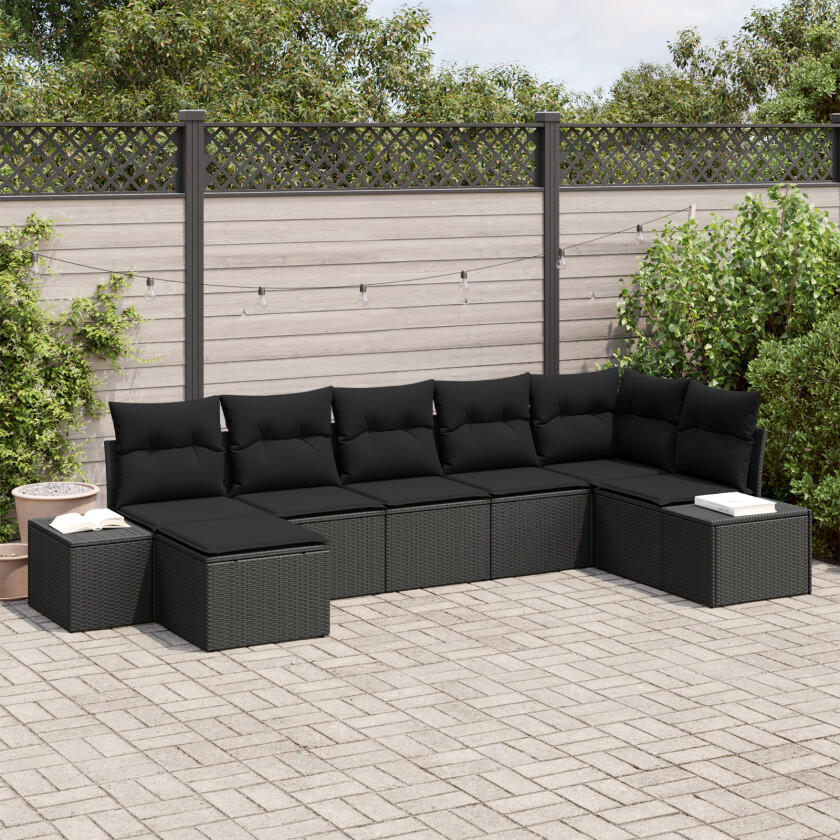 7 Delt Hagesofa Set med Puter Svart Poly Rottning