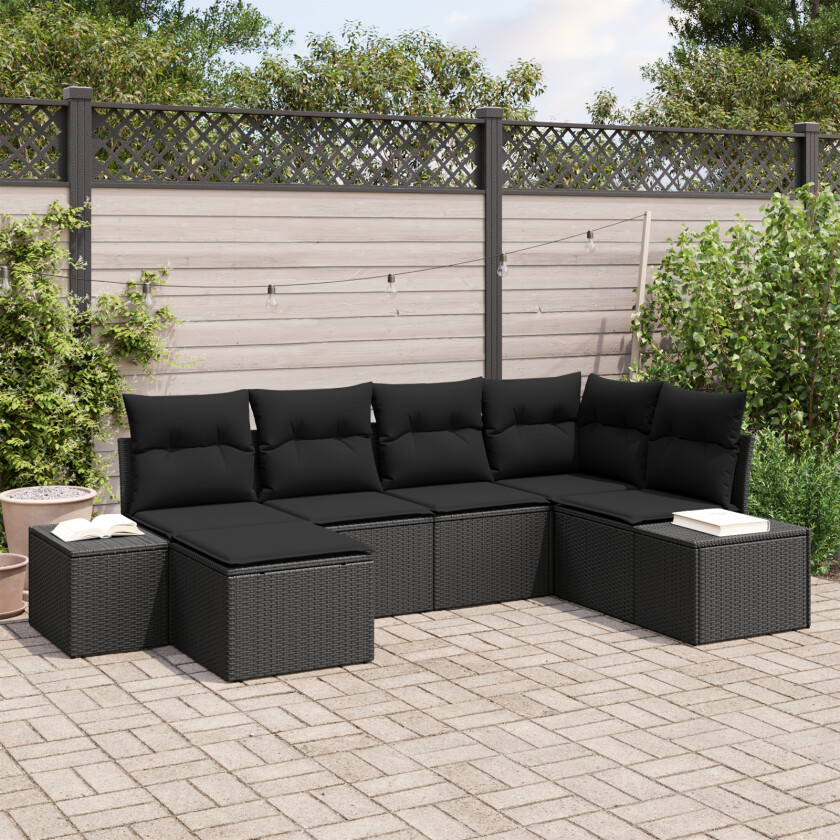6 Deler Hagesofa Set med Puter Svart Poly Rattan