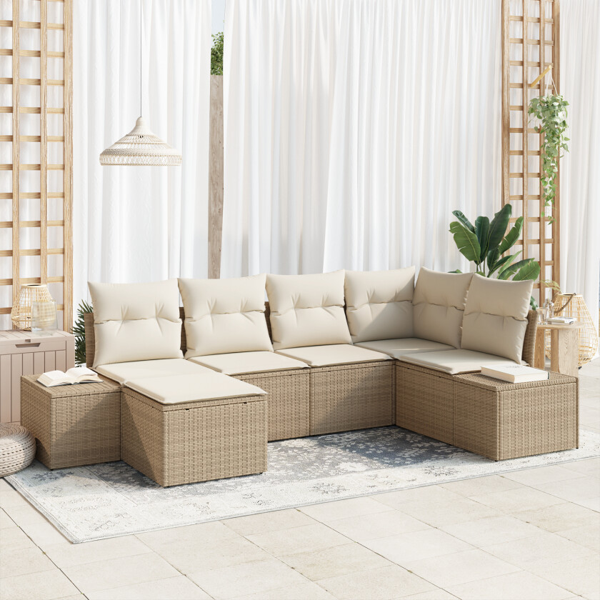 6-delt Hagesofa Sett med Puter Beige Poly Rattan