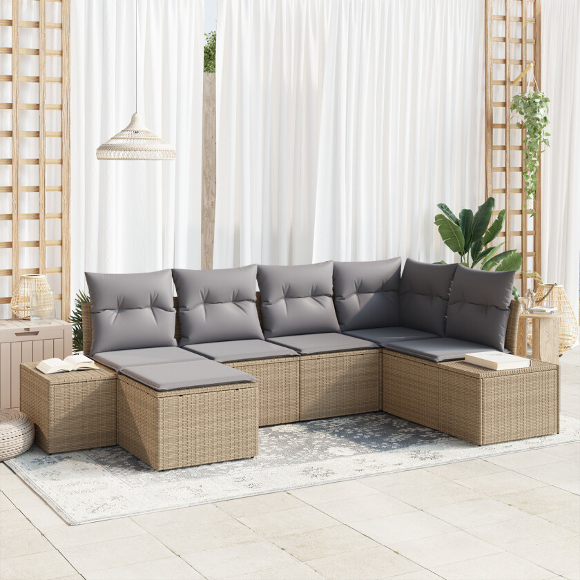 6-delt Hagesofa Sett med Puter Beige Poly Rottings