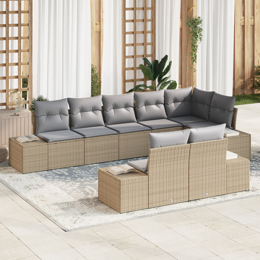 8-delt hagesofa sett med puter beige poly rotting