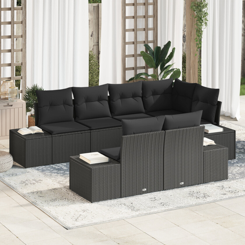 7 Delt Hagemøbel Sofa Set med Puter Svart Poly Rattan