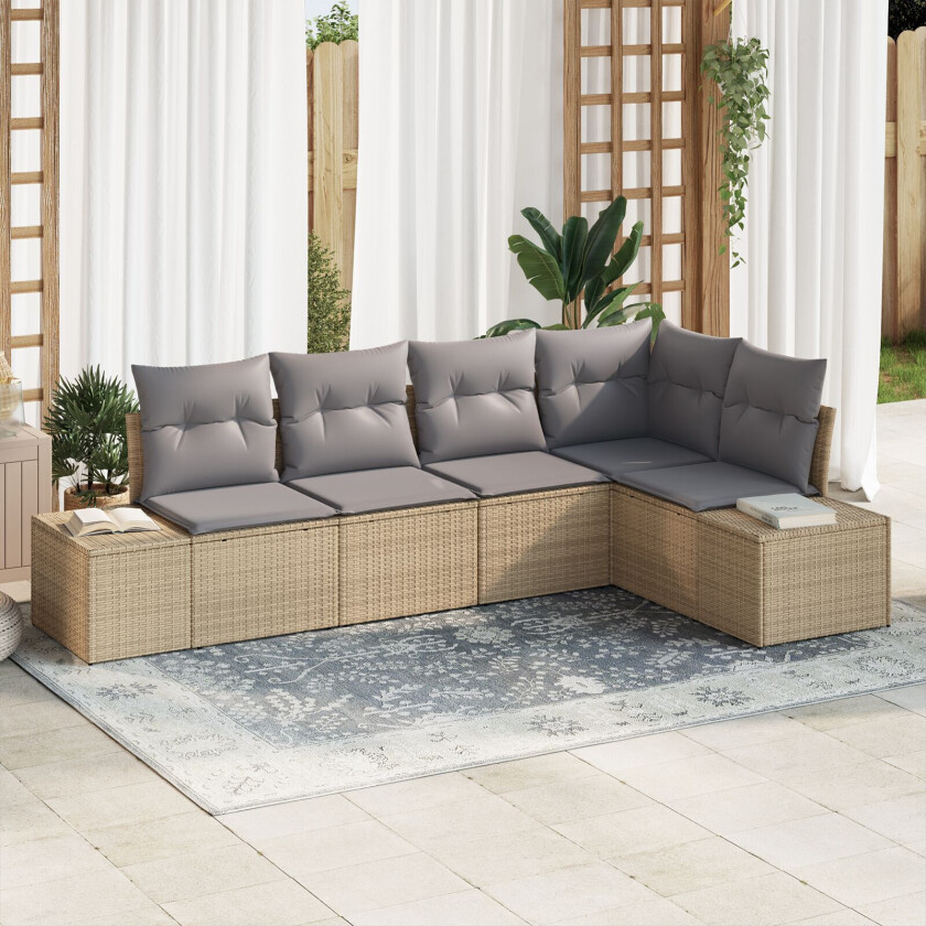 5 Dels Hagesofa Sett med Puter Beige Poly Rattan