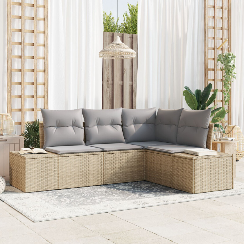 4 Delt Hagesofa Sett med Puter Beige Poly Rattan