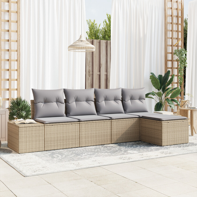 5-delt Hage Sofa Sett med Puter Beige Poly Rattan