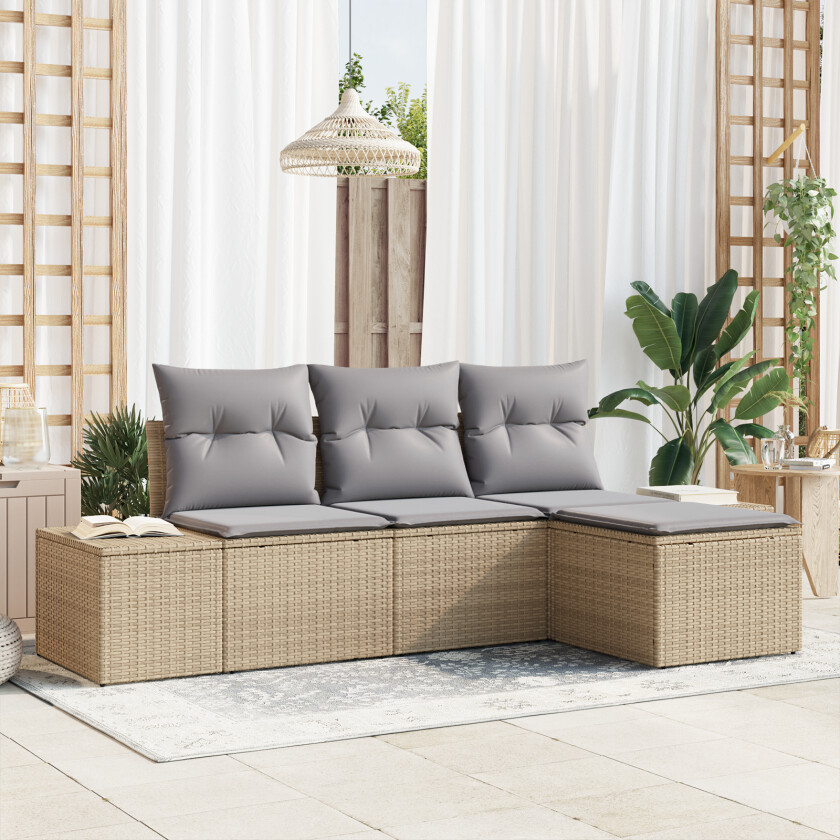 4-delt hage-sofa-sett med puter Beige Poly Rattan