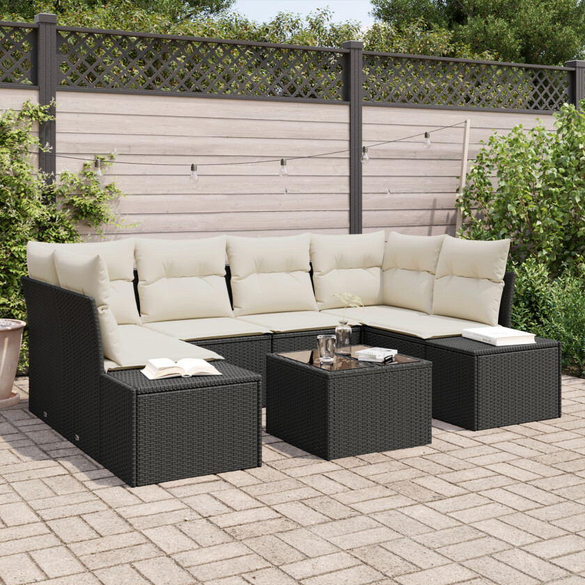 7 Delt Hage Sofa Set med Puter Svart Poly Rattan