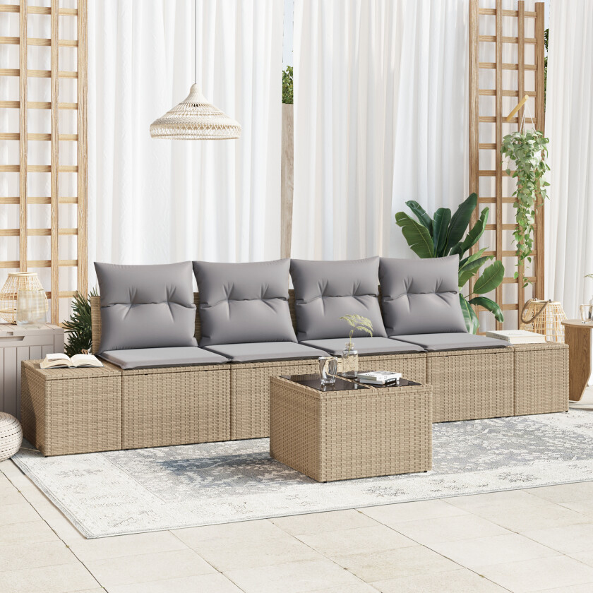 5-delt hagesofa sett med puter i beige polyrotting