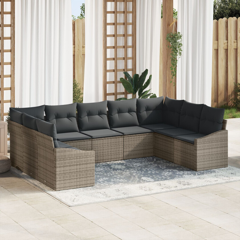 9 delers hage spisebordsett med puter Grå Poly Rottning