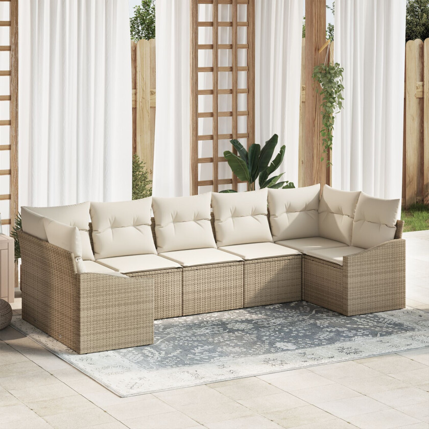 7 Delt Hage Spisebordsett med Puter Beige Poly Rattan