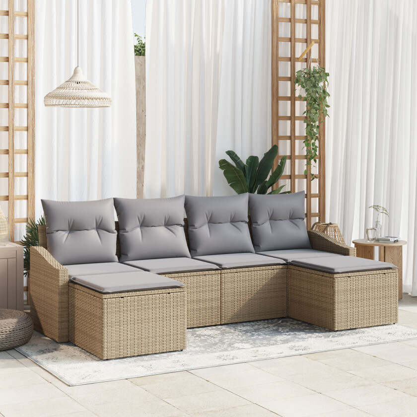 6 Delt Hage Spise Sett med Puter Beige Poly Rattan