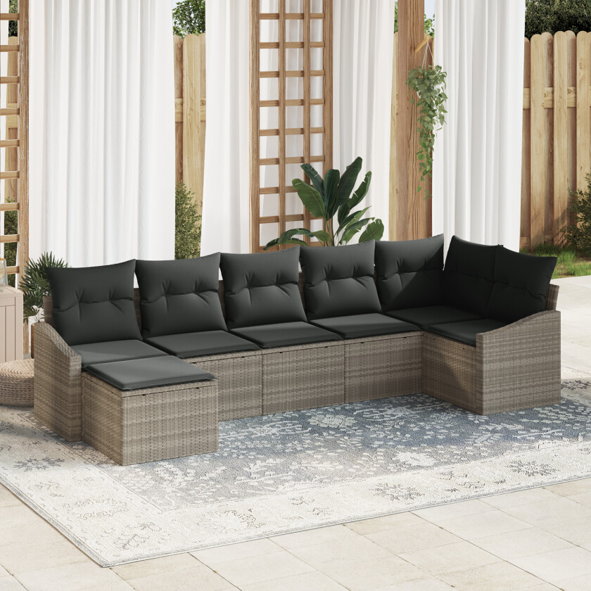 7 Delers Hage Spisebordsett med Puter Lys Grå Poly Rattan