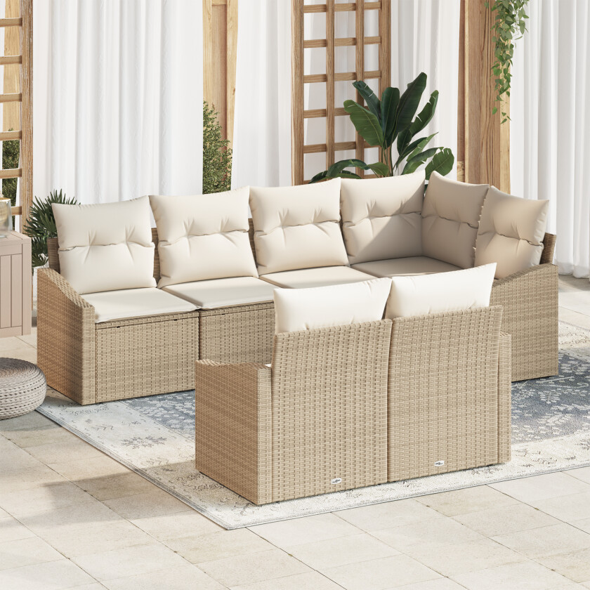7-delt ute spisebordsett med puter Beige poly rattan