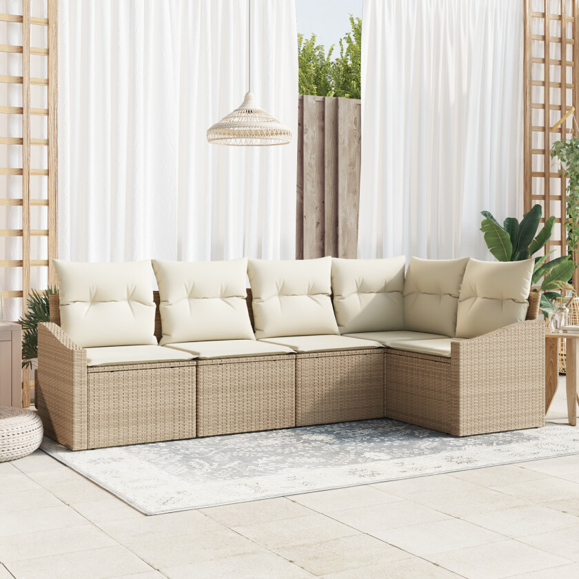 5-delt hage spisebordsett med puter beige polyrattan