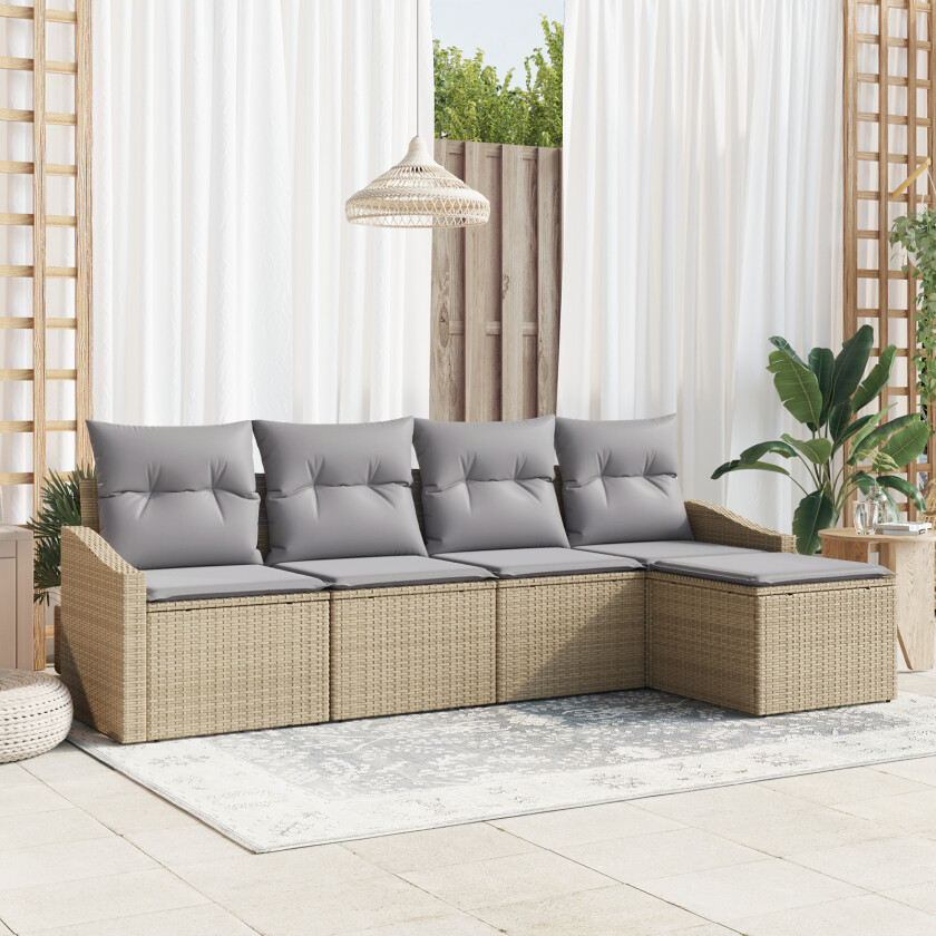 5-delt hage spisebordsett med puter beige poly rattan