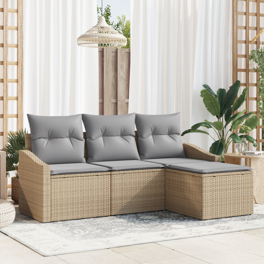 4-delt Hagesofa Set med Puter Beige Poly Rattan