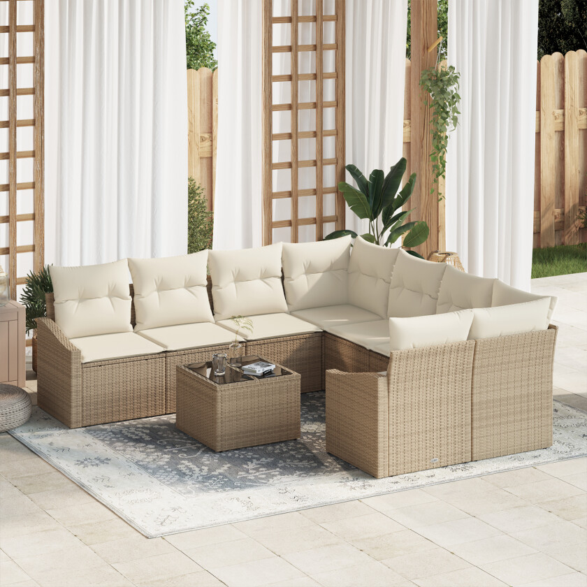 9-delt hage spisegruppe med puter Beige Poly Rattan
