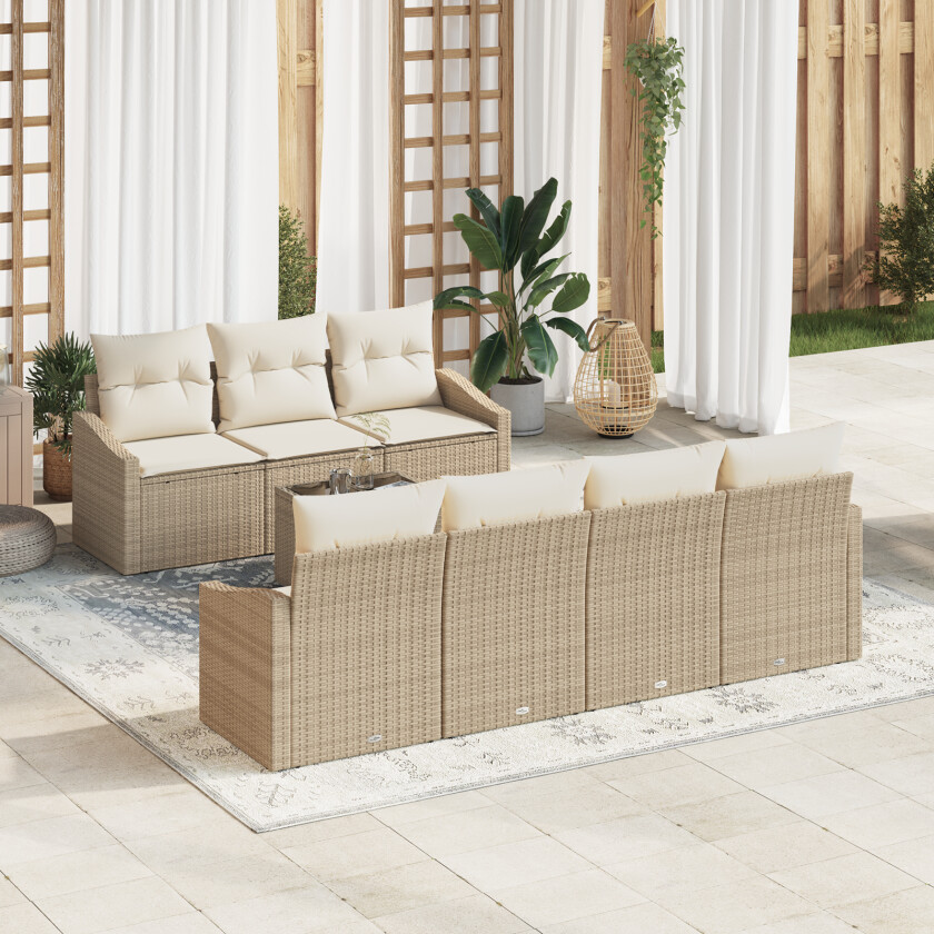 8-delt hage spisegruppe med puter Beige Poly Rattan