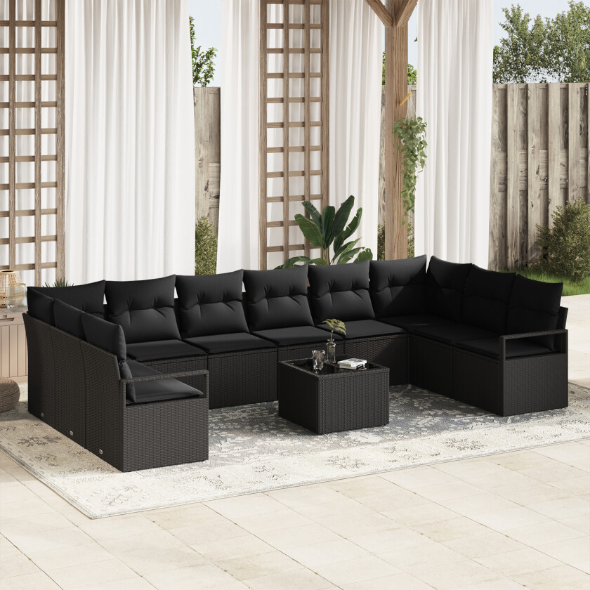 11-delt Hagesofa Sett med Puter Beige Poly Rattan, 2-seters Hagesofa med Oppbevaring & Puter Svart Poly Rattan