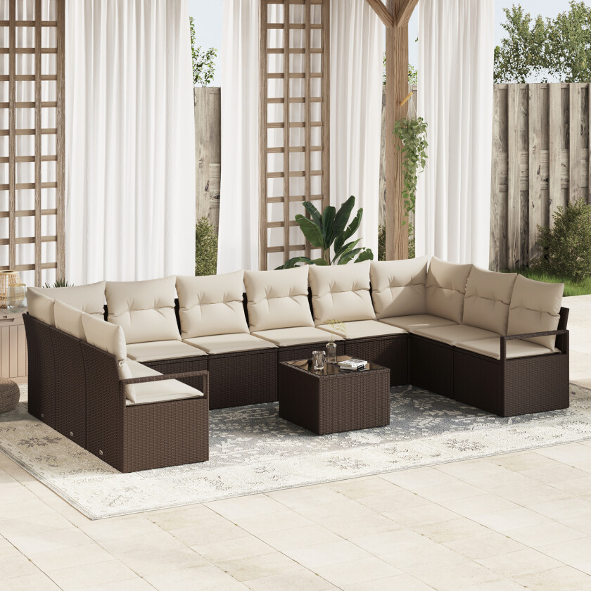 10-Delt Hage Sofa Set Med Puter Grå Poly Rattan, 2-seters Hage Sofa Med Oppbevaring&Putene Brun Poly Rattan