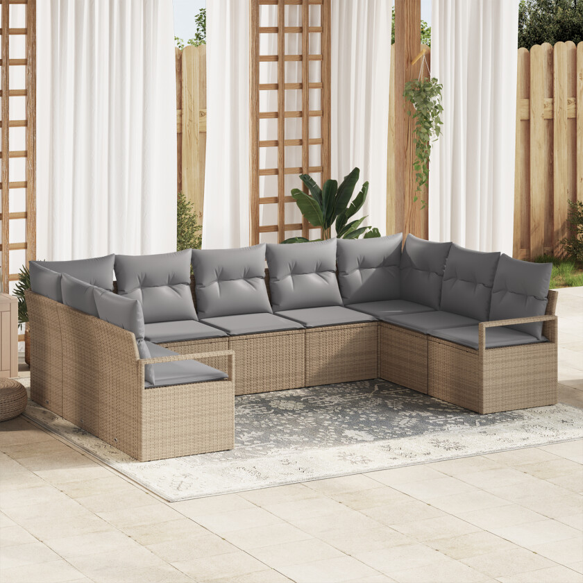 9-delt hage sofa sett med puter beige poly rattan, 2-seters hage sofa med puter beige poly rattan