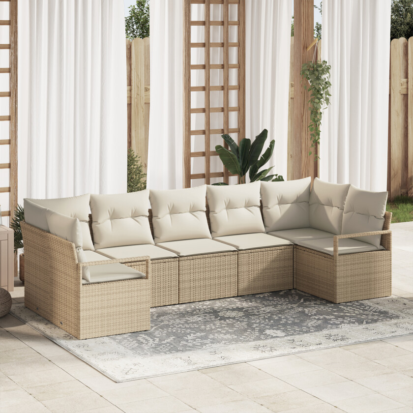 7-Delt Hagesofa-sett med puter Beige Poly Rattan, 2-seters Hagesofa med oppbevaring og puter Beige Poly Rattan