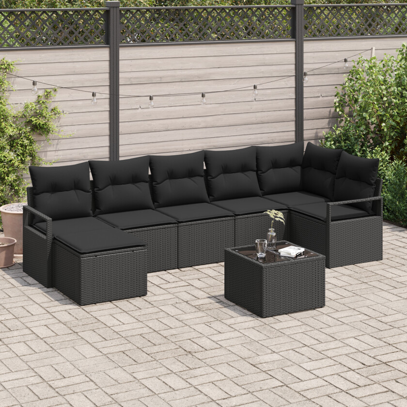 8 Delers Hagesofa Sett med Puter Beige Poly Rattan, 2-seters Hagesofa med Oppbevaring & Puter Svart Poly Rattan